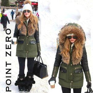 🍁❄️POINT ZERO🍁❄️ Mixed Media Leather Trim Moto Parka w/ Faux Fox Fur Trim Hood